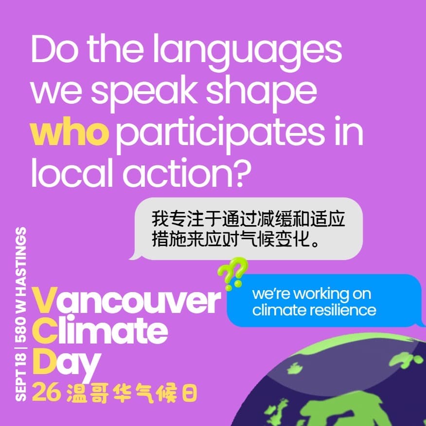 Vancouver Climate Day 2026 promo graphic: 'Do the languages we speak shape who participates in local action?' Sept 18, 580 W Hastings.